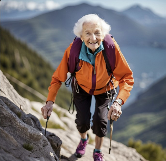 A Centenarian climbing a mountain